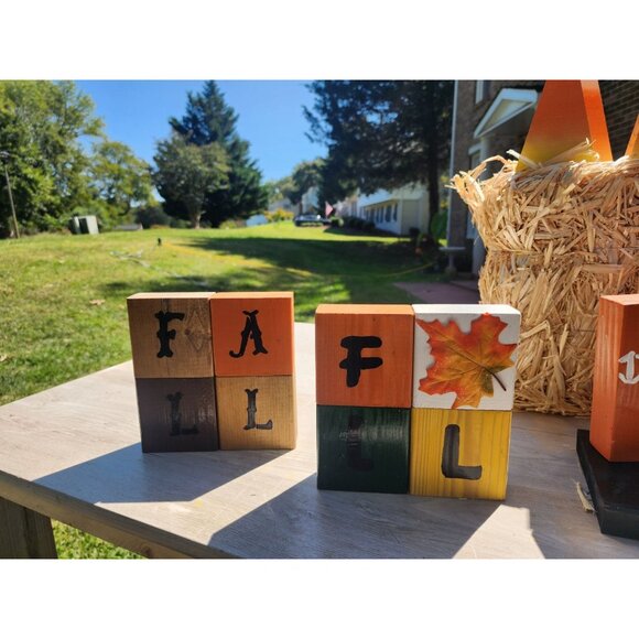 Rustic Wooden Block Set Spelling Fall With Leaf Design - Picture 3 of 3